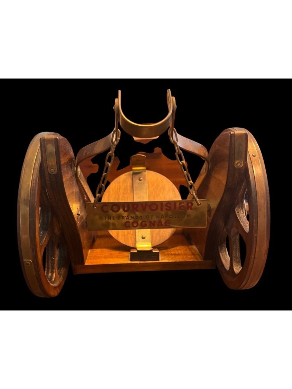 Vtg Courvoisier Cognac Empty Bottle Wooden Brass Cannon Barware Man Cave - Picture 5 of 9